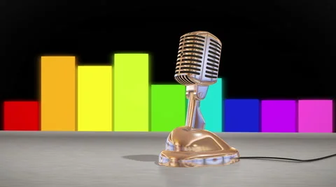 Colorful equalizer bars move behind a vintage microphone Stock Footage 50759878