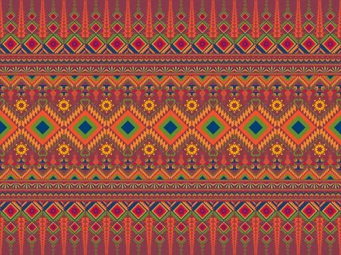Colorful Ethnic Textile Pattern with Geometric and Floral Motifs Seamless Fabric Illustrazione stock