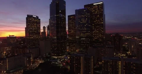 Colorful evening Aerial Drone footage of downtown Los Angeles at dusk Stock Footage