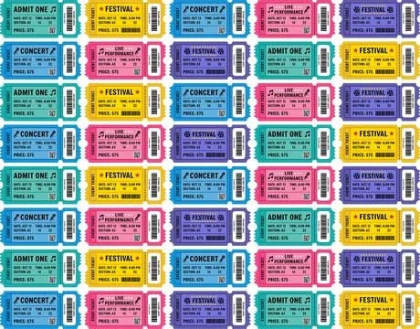 Colorful event ticket seamless pattern for festival backgrounds Illustrazione stock