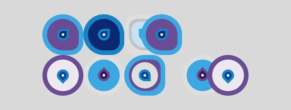Colorful evil eyes pattern. Circles, blue, purple hues dominate design. Sym.. 스톡 일러스트