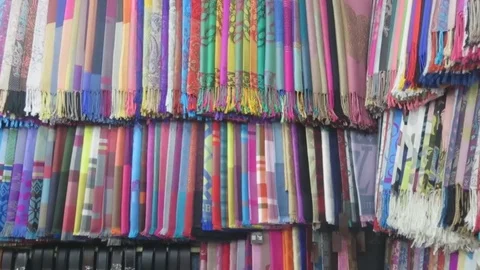 Colorful fabrics in the store Stock Footage 70571193
