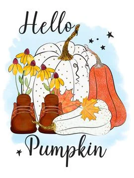 Colorful fall pumpkin composition isolated on white background. Stock Illustration