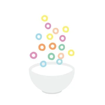 Colorful Falling Cereal Loops in White Milk Bowl Vector Breakfast Illustration Ilustração Stock