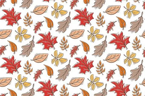 Colorful falling leaves seamless pattern doodle sketch style Stock Illustration