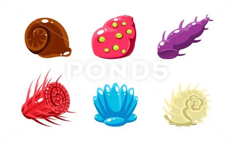 Colorful fantasy glossy seashells and sea creatures set, user interface assets Stock Illustration