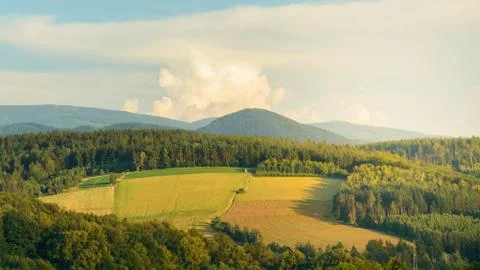 Colorful farmland in the mountains between forests.. Stock Photos