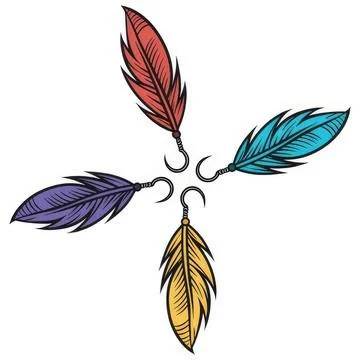 Colorful feathers with hooks in a circular pattern Stock Illustration