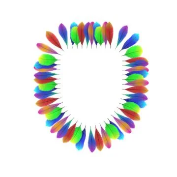 Colorful feathers. Shield frame. Isolated on white background. Stock Illustration