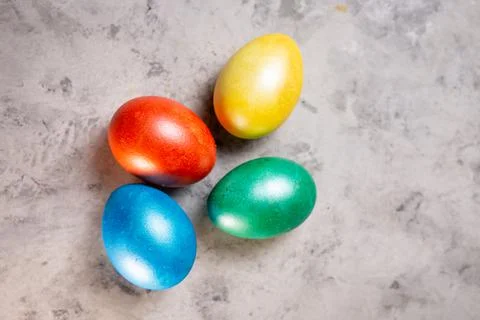 Colorful festive easter eggs on a marble background Stock Photos