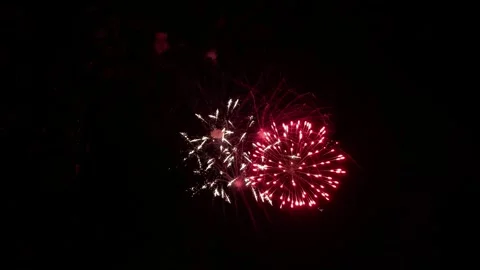 Colorful festive fireworks explode against the black sky. Stock Footage 340587203