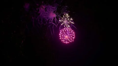 Colorful festive fireworks explode against the black sky. Stock Footage 340587633