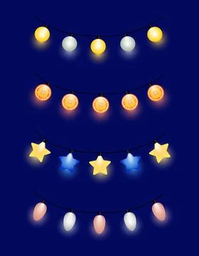 Colorful Festive String Lights Set with Glowing Holiday Decorations Illustrazione stock