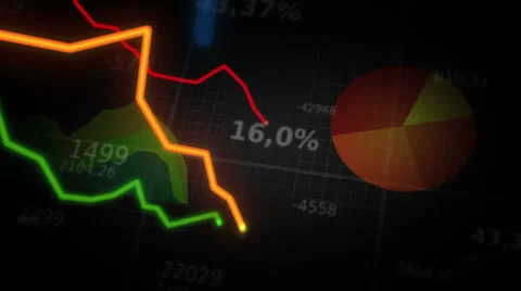 Colorful financial diagrams showing a decreasing tendency. Black background. Stock Footage