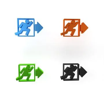 Colorful Fire exit icon isolated on white background. Fire emergency icon. .. Ilustración de archivo