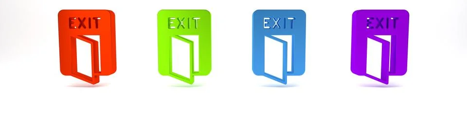Colorful Fire exit icon isolated on white background. Fire emergency icon. .. Ilustración de archivo