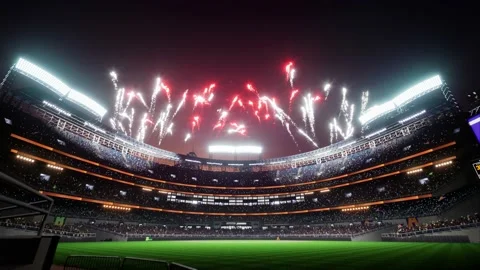 Colorful firework show on baseball park arena final championship major league Stock Footage 164835136