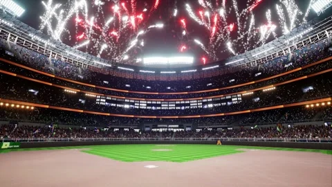 Colorful firework show on baseball park arena final championship major league Stock Footage 164835296