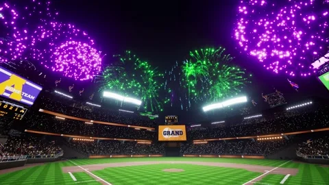 Colorful firework show on baseball park arena final championship major league Stock Footage 164835995