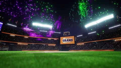 Colorful firework show on baseball park arena final championship major league Stock Footage 164836161