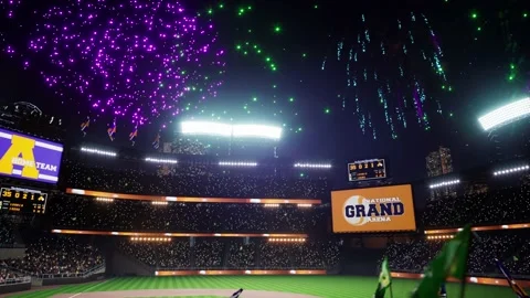 Colorful firework show on baseball park arena final championship major league Stock Footage 164836366