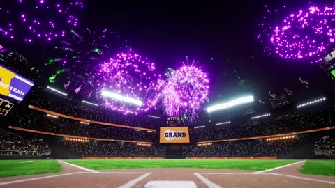 Colorful firework show on baseball park arena final championship major league Stock Footage 164836745