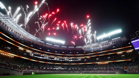 Colorful firework show on baseball park arena final championship major league Stock Footage 164837249