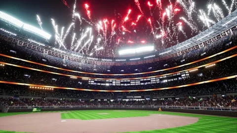 Colorful firework show on baseball park arena final championship major league Stock Footage 164837342