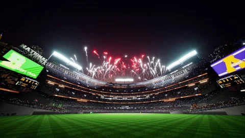 Colorful firework show on baseball park arena final championship major league Stock Footage 164837495