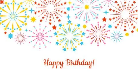 Colorful firework star bursts frame the top of a white background with Happy  스톡 일러스트