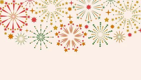 Colorful firework starbursts frame the top of a light cream background in t.. Stock Illustration