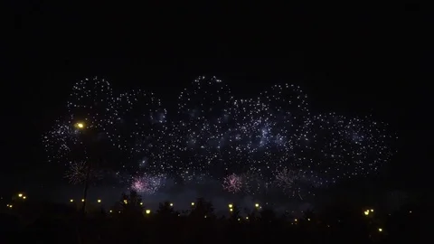 Colorful fireworks on the black sky background 4K Stock-Footage 79184792