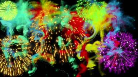 Colorful fireworks display with abstract light trails against a dark night sky Stock Footage 341907704
