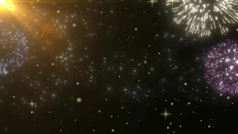 Colorful fireworks display exploding across dark night sky with shimmering gold Vidéo 344712754