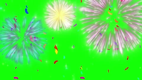 Colorful fireworks display exploding with falling confetti particles against Stock Footage 345567846