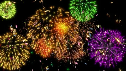 Colorful fireworks display exploding over dark night sky with confetti shower 스톡 동영상 345864978