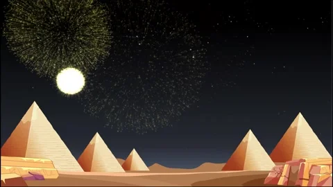 Colorful Fireworks Display Over Ancient Egyptian Pyramids at Night Stock Footage 328487618