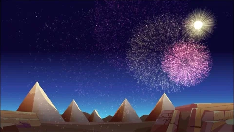 Colorful Fireworks Display Over Ancient Egyptian Pyramids at Night Stock Footage 329202736