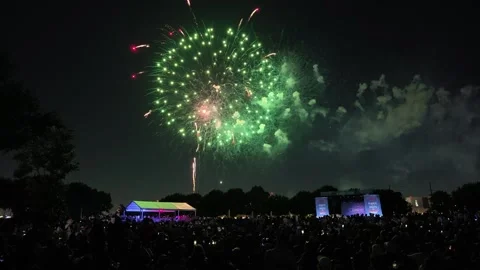 Colorful fireworks display over large crowd at outdoor night event Stock-Footage 340941308
