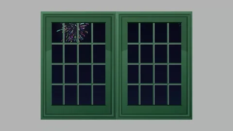 Colorful Fireworks Display Viewed Through a Green Framed Window at Night Stock Footage 345118085
