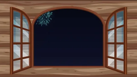 Colorful Fireworks Display Viewed Through an Open Wooden Window at Night Stock Footage 346114696