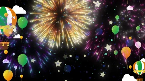 Colorful fireworks explode above hot air balloons and scattered stars against Stock-Footage 340611068