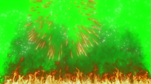 Colorful fireworks exploding above flames against green screen background for Vídeo Stock 344712419