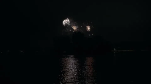 Colorful fireworks exploding above the lake water Stock Footage 249901242