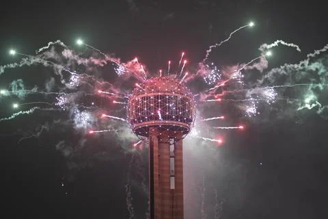 Colorful fireworks exploding above the Reunion Tower in Dallas, Texas on New Stock Photos