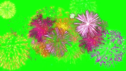 Colorful fireworks exploding against a bright green screen background Stock Footage 345295696