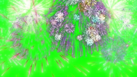Colorful fireworks exploding against a bright green screen background for easy Stockbeeldmateriaal 346136637