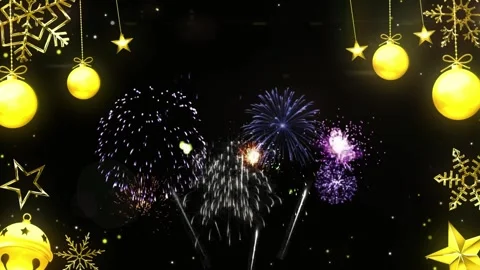 Colorful fireworks exploding against a dark background with hanging golden Video stock 338370556
