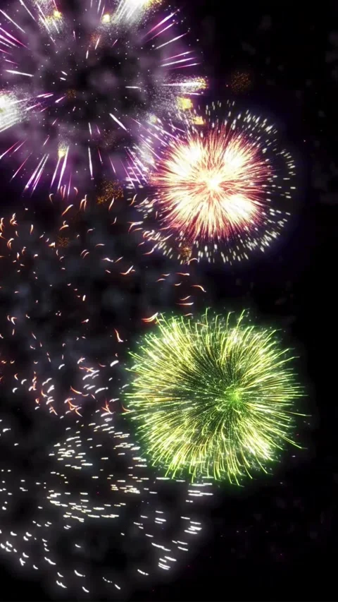 Colorful fireworks exploding in dark night sky for holiday celebration Stockbeeldmateriaal 346544001