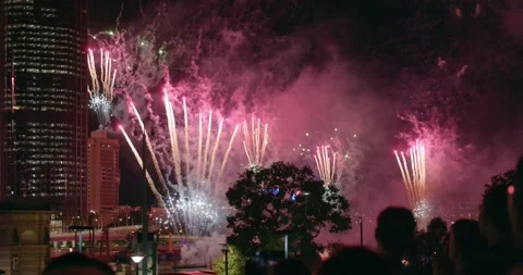 Colorful Fireworks Exploding At Night By The Brisbane River During Stock Footage 205450178